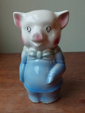 Vintage Ceramic Pig Figurine in White and Blue